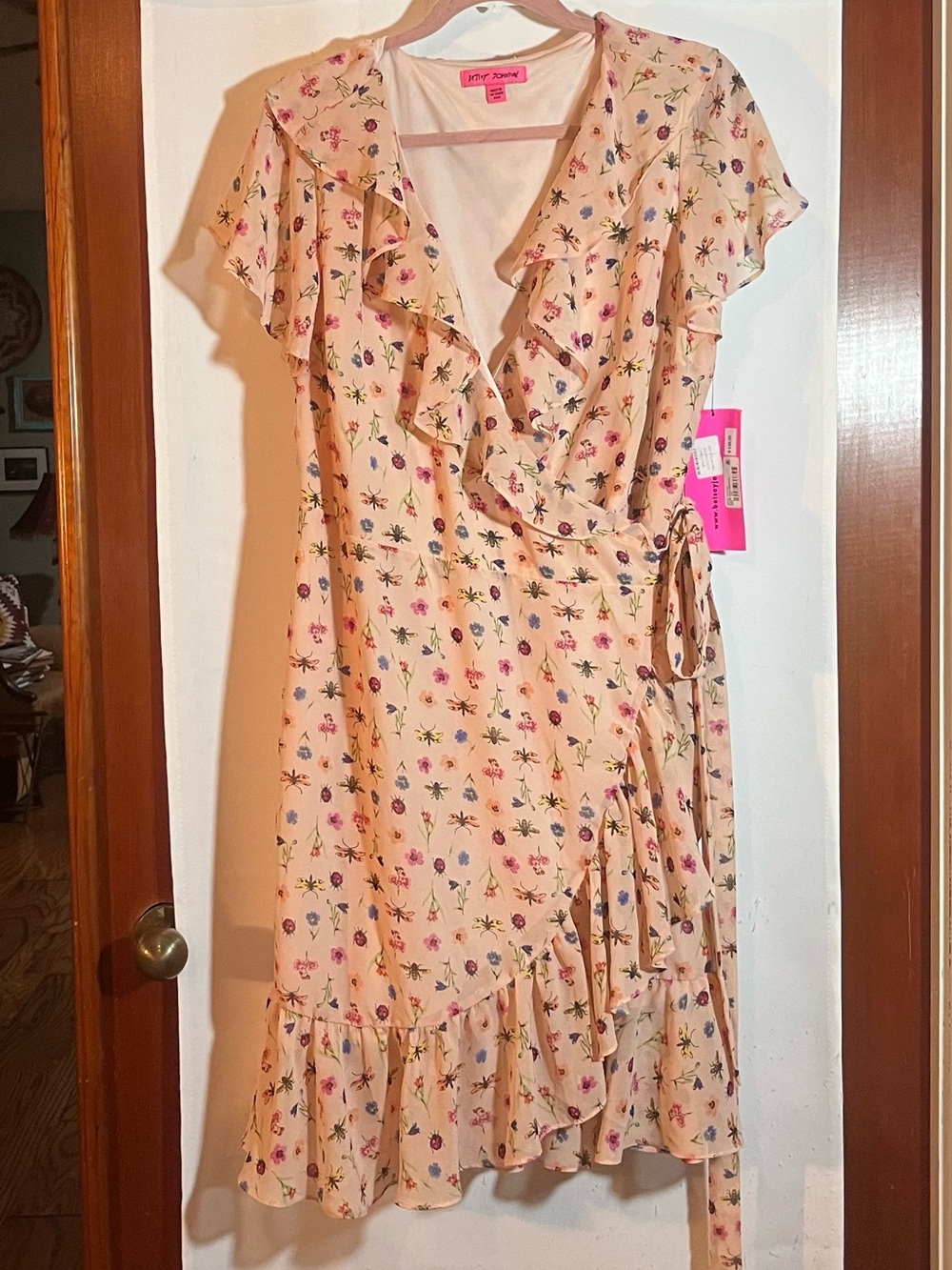 NWT Betsey Johnson Bug Garden Floral Insect True Wrap Ruffle Dress Pink Large